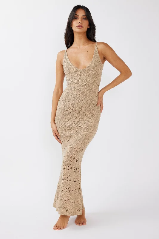 Quick - Dry Casual Dresses for Travel and Outdoor Use​ Raven Cami Strap Crochet Maxi Dress Sand