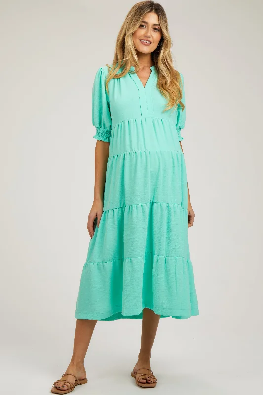Button - Front Casual Dresses with Decorative Buttons​ Emerald Short Sleeve Tiered Maternity Midi Dress