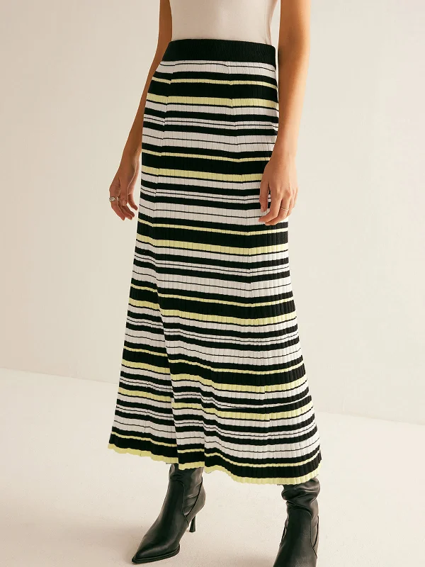 Leather - Look Casual Dresses for a Tough Style​ Striped Stretch Sweater Midi Skirt
