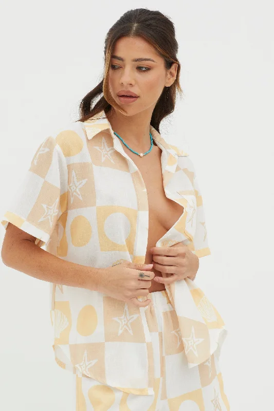 Modal Casual Dresses in Smooth Textures​ Just A Hunch Button Shirt Shell Print Yellow Multi
