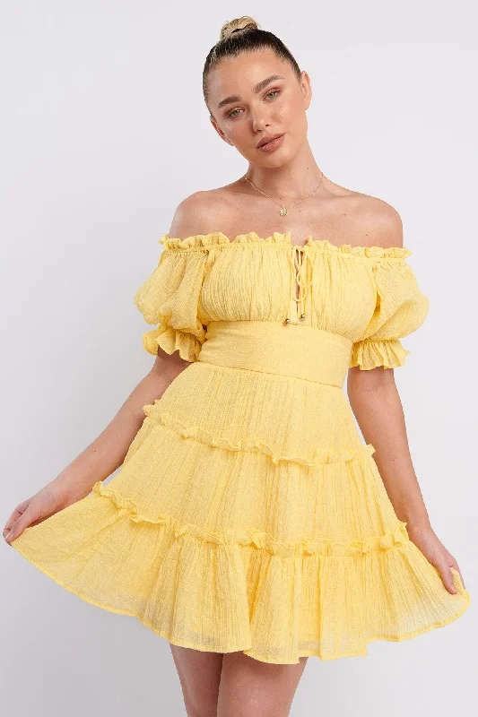 Stretchable Casual Dresses for a Flexible Fit​ Everley Puff Sleeve Mini Dress Lemon