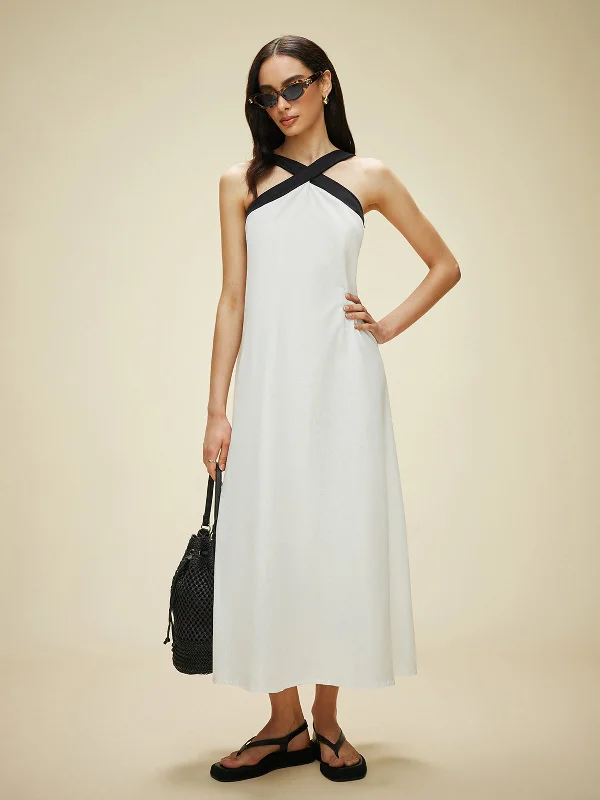 Stretchable Casual Dresses for a Flexible Fit​ Semi-Sheer Cotton & Linen Backless Halter Dress