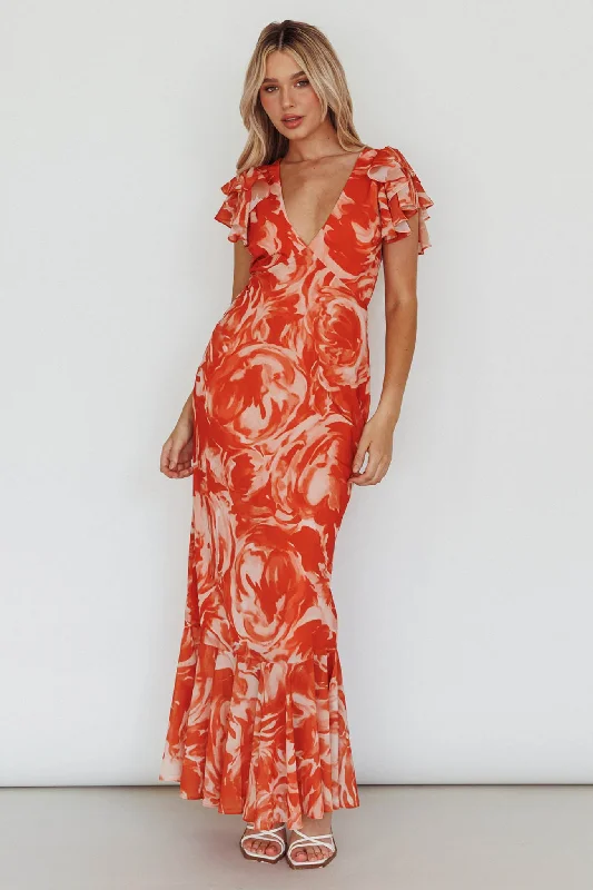 DIY - Inspired Casual Dresses with Customizable Elements​ Lydiah Ruffle Sleeve Maxi Dress Floral Orange