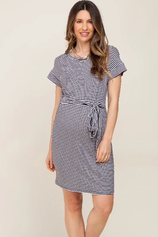 Belted Casual Dresses to Define the Waist​ Navy Striped Tie Front Maternity Dress