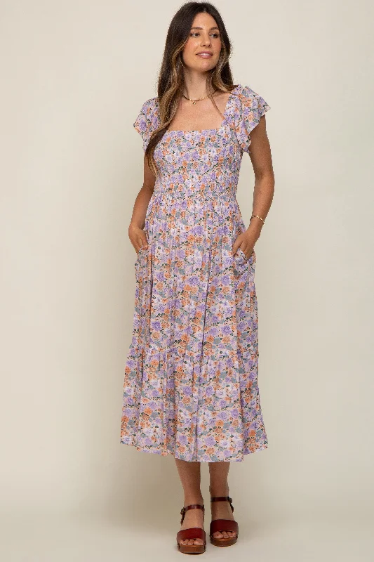 Machine - Washable Casual Dresses for Hassle - Free Care​ Light Pink Floral Off Shoulder Smocked Maternity Midi Dress