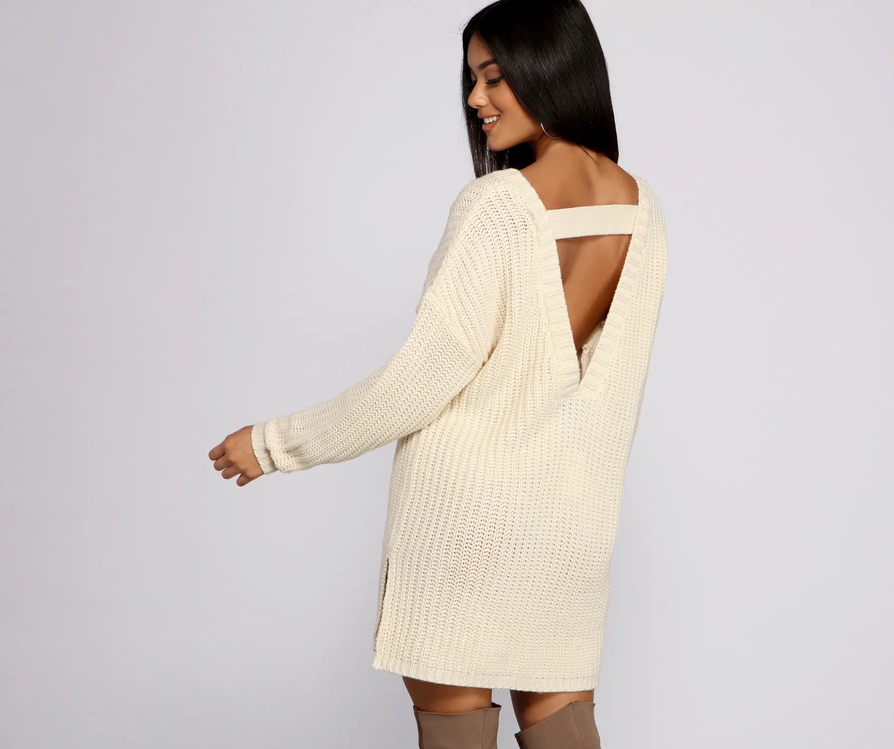 Solid Color Casual Dresses in Earth Tones​ Cozy Knit Long Sleeve Tunic