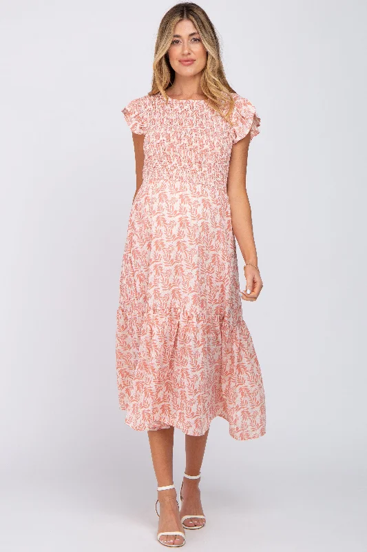 Layered Casual Dresses for a Stylish Ensemble​ Pink Leaf Print Smocked Ruffle Sleeve Maternity Midi Dress