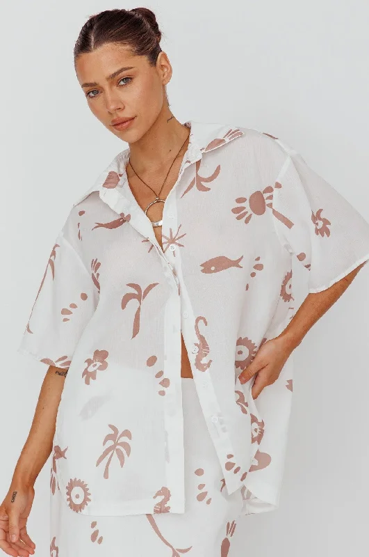 Mini Casual Dresses with Ruffled Hem​ Light Aura Button Up Shirt Print White Tan