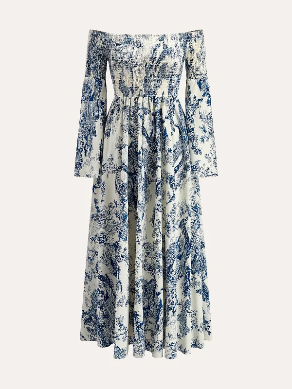 Button - Down Casual Dresses for a Classic Vibe​ Print Off-Shoulder Smocked Sleeve Dress