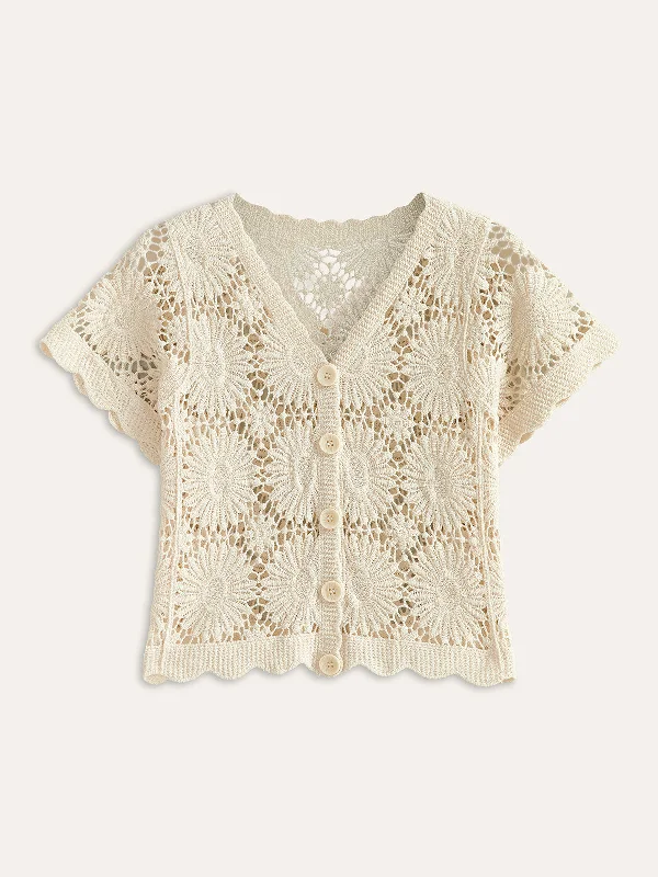 Boho Style Casual Dresses with Fringe Details​ Crochet Floral Button-Front Cardigan