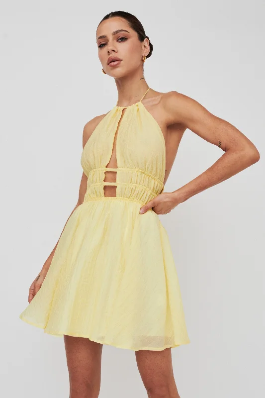 Striped Casual Dresses in Cotton Blend​ Cyndi Open Back Halterneck Mini Dress Lemon