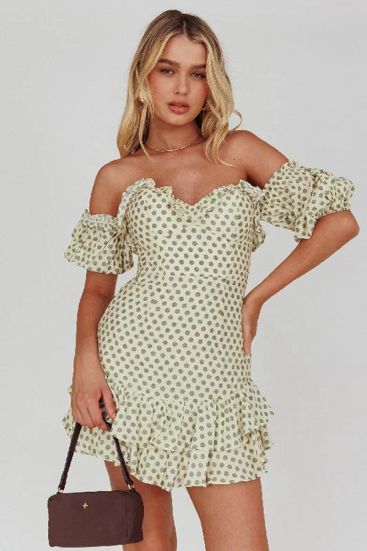 Recycled - Material Casual Dresses for Sustainability Homecoming Queen Sweetheart Neckline Puff Sleeve Dress Polka Dot Green Recycled - Material Casual Dresses for Sustainability Homecoming Queen Sweetheart Neckline Puff Sleeve Dress Polka Dot Green