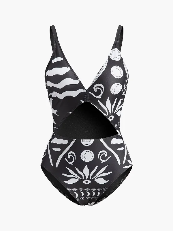 Feathered - Trimmed Casual Dresses for a Dramatic Look​ Printed Cutout V-Neck One-Piece Swimsuit