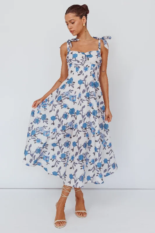 Maternity Casual Dresses for Pregnant Women​ Sweet Pea Tied Bust Midi Dress Flower Blue