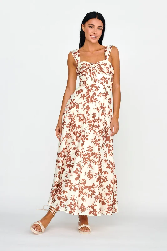 Quick - Dry Casual Dresses for Travel and Outdoor Use​ Nichola Ruched Bust Midi Dress Floral Brown