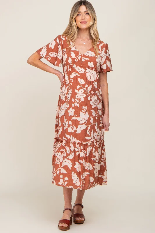Office - Appropriate Casual Dresses with a Professional Edge​ Rust Tropical Print Ruffle Maternity Midi Dress