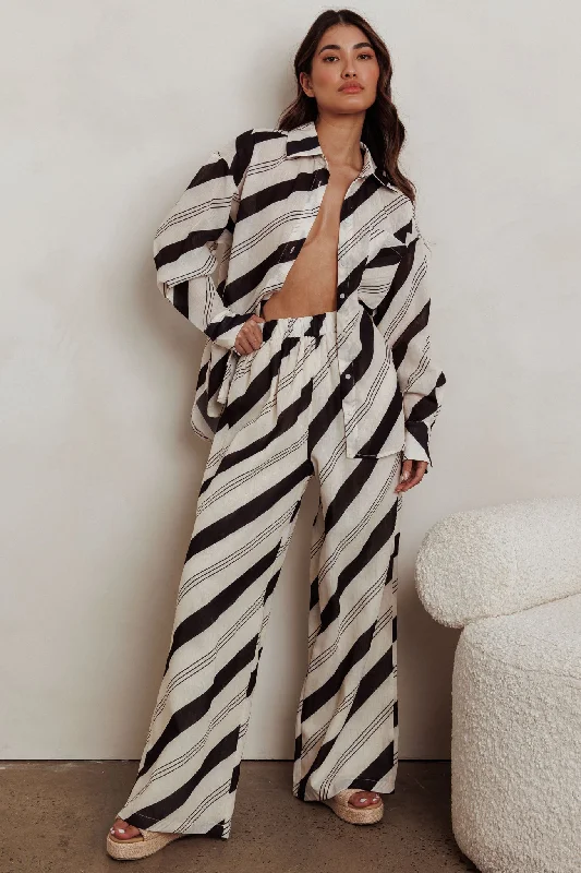 Detachable - Sleeve Casual Dresses for Versatility​ Alex Elastic Waist Striped Print Pant Black Cream