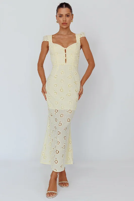 Rayon Casual Dresses for a Soft Feel​ Bohemian Sun Cap Sleeve Eyelet Midi Dress Yellow