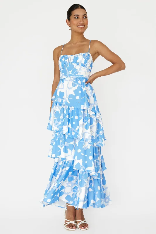 Short - Sleeve Casual Dresses with Printed Graphics​ Hopeful Tiered Layered Maxi Dress Blue