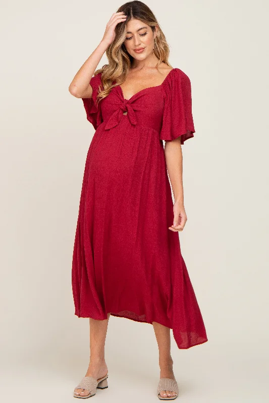 Cable - Knit Casual Dresses for a Traditional Style​ Burgundy Front Tie Ruffle Sleeve Maternity Midi Dress