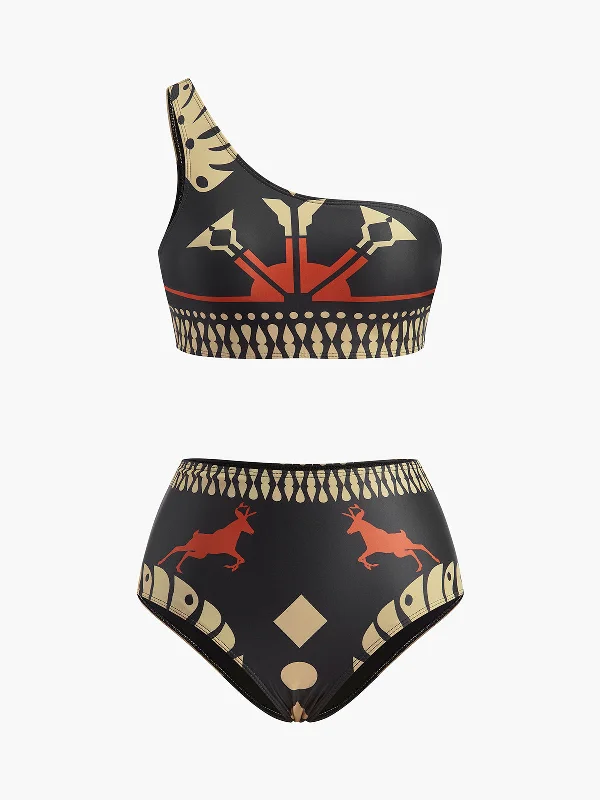 Bamboo - Fiber Casual Dresses for an Eco - Friendly Option​ Tribal Print One-Shoulder Bikini Set