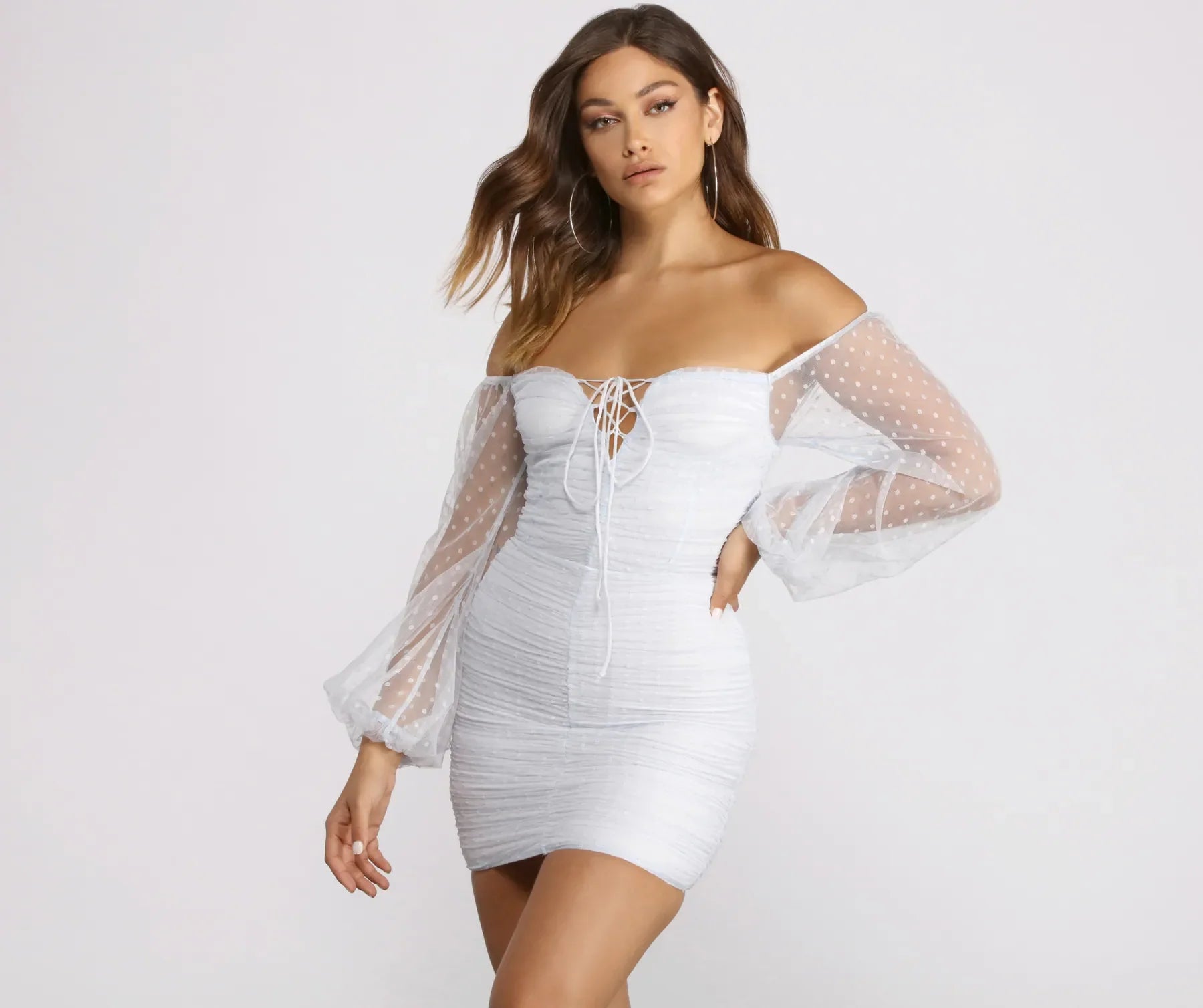 Metallic - Accented Casual Dresses for a Shiny Finish​ Off The Shoulder Ruched Dotted Mini Dress