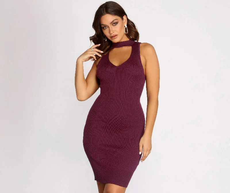 Satin Casual Dresses with a Shiny Finish​ Ribbed Cut Out Sweater Dress