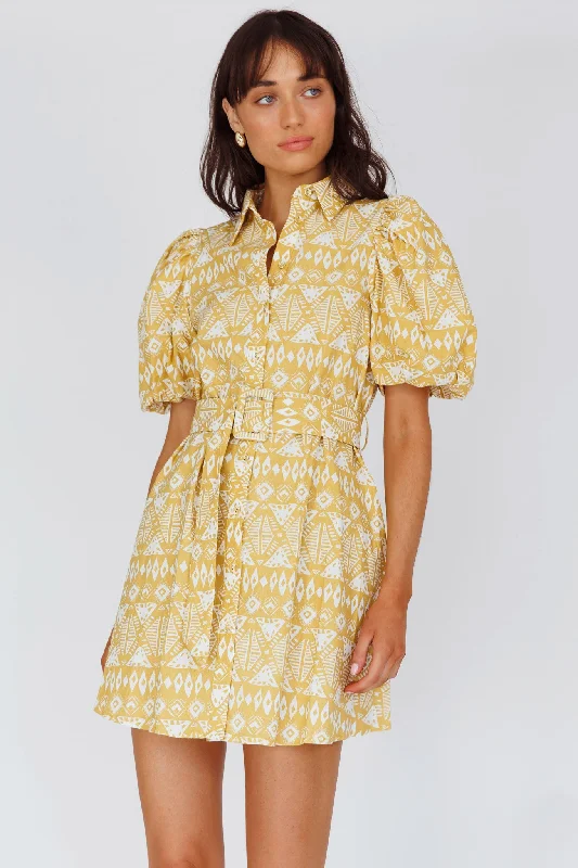 Toddler Casual Dresses in Soft Fabrics​ Nanette Puff Sleeve Belted Mini Dress Print Yellow