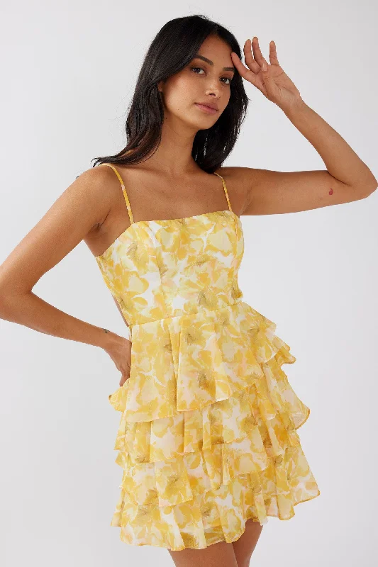 Sleep - Wear Inspired Casual Dresses for a Cozy Feel​ Lauran Tied Back Frill Dress Floral Yellow