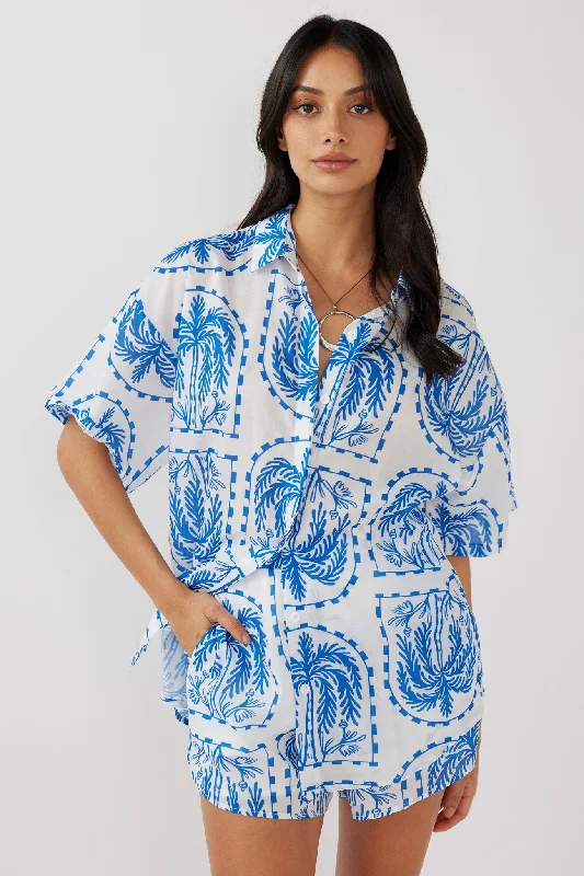 Celebrity - Inspired Casual Dresses for a Fashionable Look​ Cora Button-Up Shirt Print Blue White