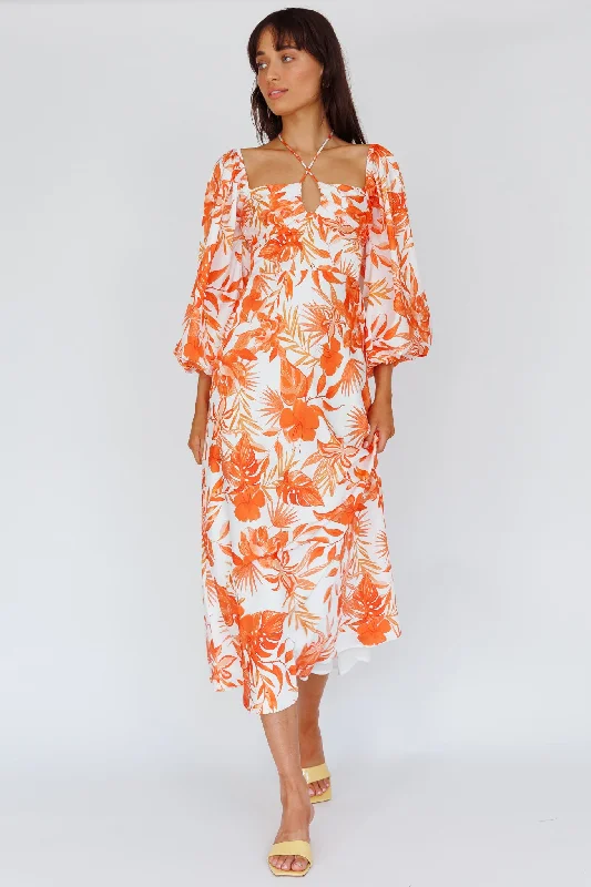 Floral Printed Casual Dresses for Summer Nyree Long Sleeve Maxi Dress Tropical Orange Floral Printed Casual Dresses for Summer Nyree Long Sleeve Maxi Dress Tropical Orange