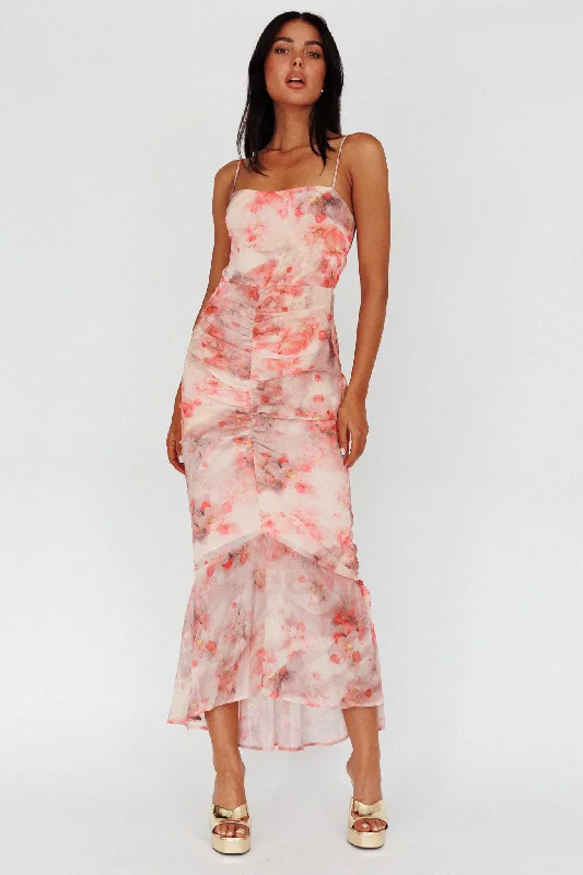 Petite - Sized Casual Dresses for Smaller Frames Sayna Ruched Front Midi Dress Floral Pink Petite - Sized Casual Dresses for Smaller Frames Sayna Ruched Front Midi Dress Floral Pink