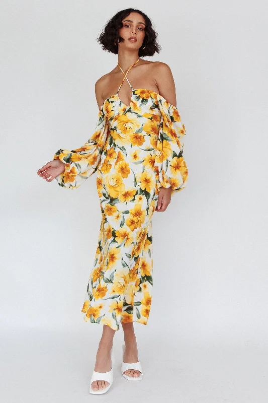 Fair Isle - Patterned Casual Dresses for a Festive Look​ Nyree Long Sleeve Midi Dress Flowers Yellow