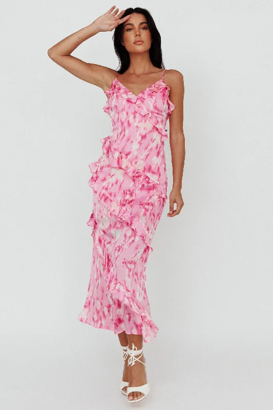 Hat - Friendly Casual Dresses for Outdoor Outfits​ Silvana Frill Trim Midi Dress Print Pink