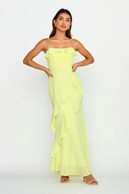 Pleated Casual Dresses for a Structured Look​ Actual Sunshine Ruffle Trim Maxi Dress Lime