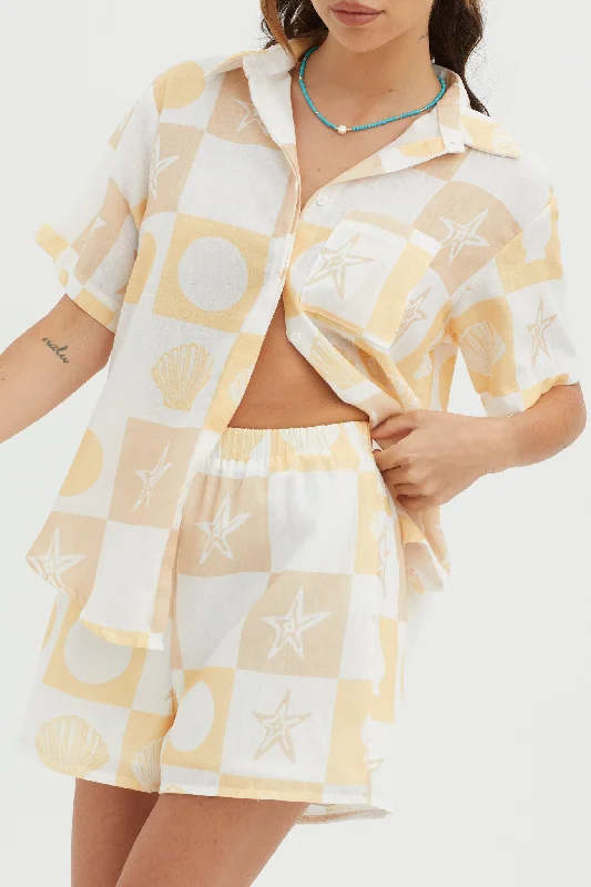 Rayon Casual Dresses for a Soft Feel​ Just A Hunch Shorts Shell Print Yellow Multi