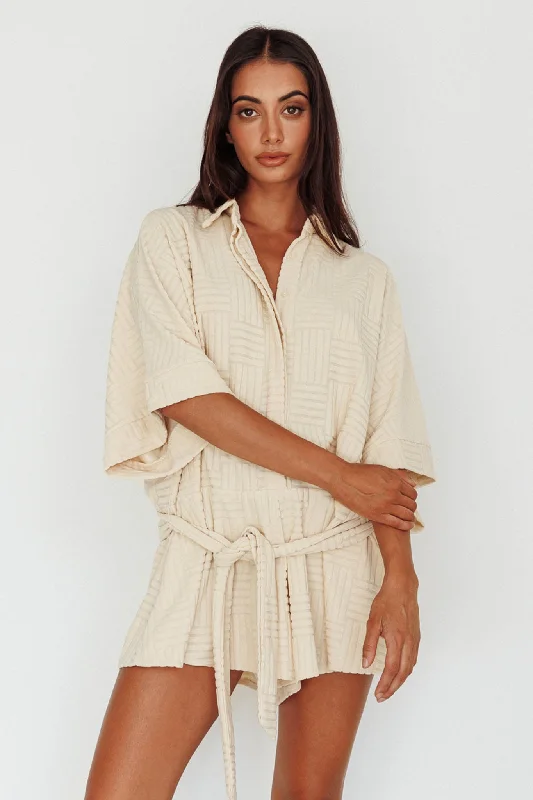 Organic Cotton Casual Dresses for a Natural Choice​ Daytona Beach Button-Up Romper Textured Beige
