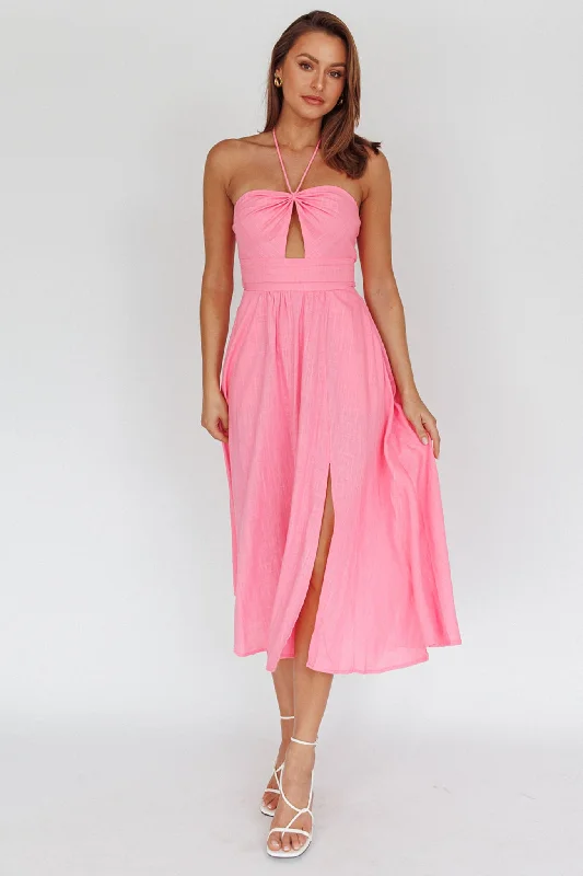 Sleep - Wear Inspired Casual Dresses for a Cozy Feel​ Maravilhosa Keyhole Halter Midi Dress Pink