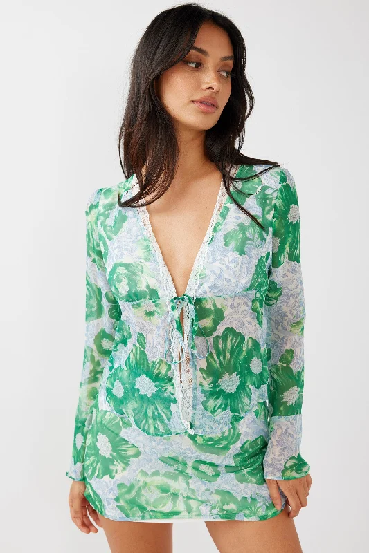 Long - Sleeve Casual Dresses in Lightweight Fabrics​ Sincerity Long Sleeve Tie Front Top Print Green