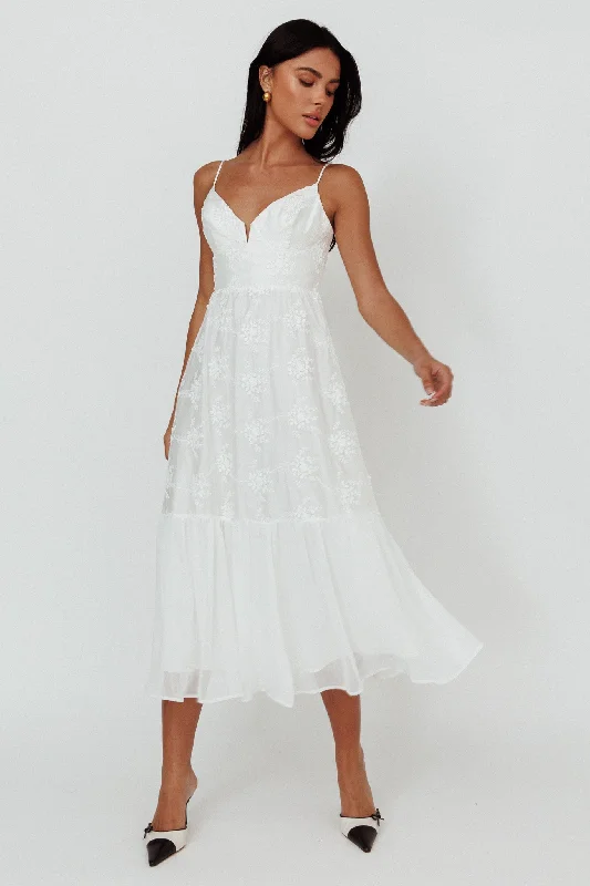 Travel - Friendly Casual Dresses for Comfort on the Go​ Lake Como Floral Embroidered Midi Dress White