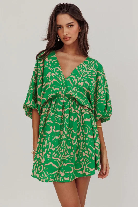 Drawstring - Waist Casual Dresses for Adjustable Tightness​ Sugar Coat Print Puff Sleeves Mini Dress Green