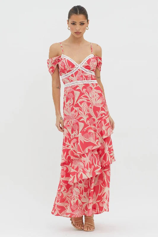 Abstract - Printed Casual Dresses for a Contemporary Vibe​ Seina Off-Shoulder Crochet Trim Dress Print Red
