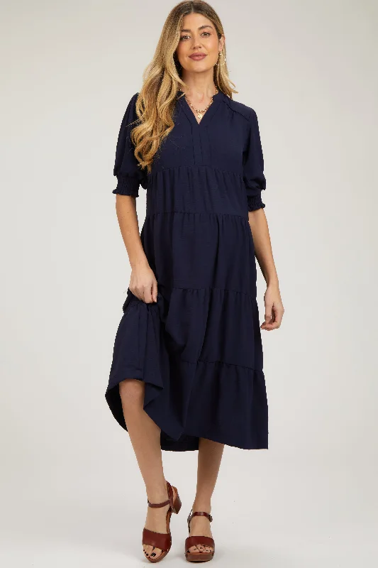 Office - Appropriate Casual Dresses with a Professional Edge​ Navy Short Sleeve Tiered Maternity Midi Dress