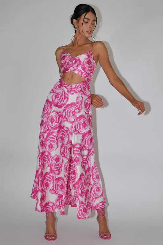 Outdoor Event Casual Dresses in Durable Fabrics​ Twin Flame Drawstring Bust Midi Dress Floral Pink