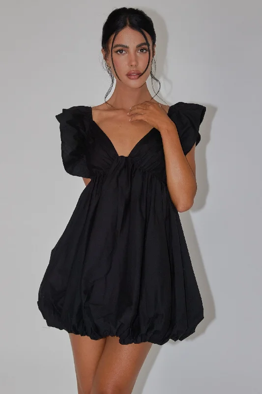 Drawstring - Waist Casual Dresses for Adjustable Tightness​ Horoscope Bubble Hem Mini Dress Black
