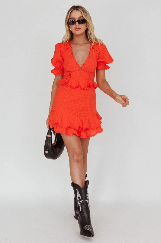 Machine - Washable Casual Dresses for Hassle - Free Care​ Preston Puff Sleeve Crochet Trim Dress Coral