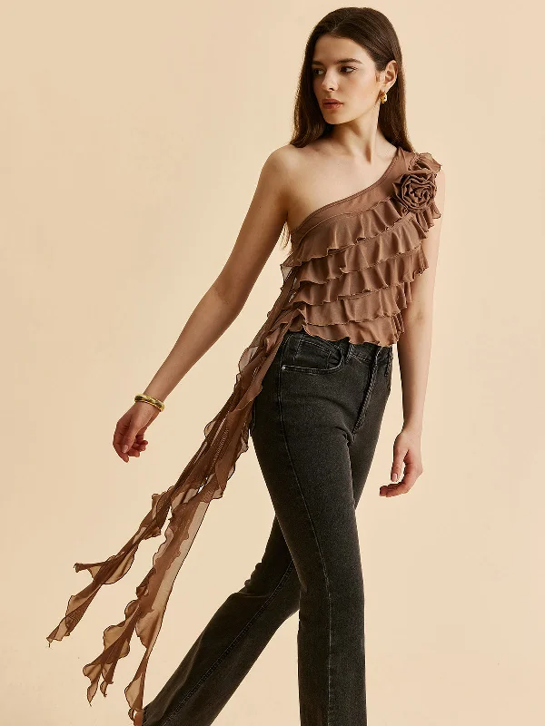 Polyester - Cotton Blend Casual Dresses​ One-Shoulder Ruffled Rosette Detail Top