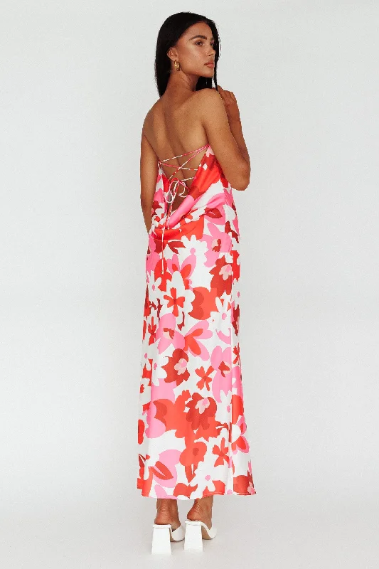 Solid Color Casual Dresses in Earth Tones​ Latisha Strappy Cowl Back Midi Dress Floral Red