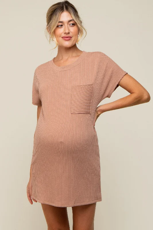 Satin Casual Dresses with a Shiny Finish​ Camel Ribbed Front Pocket Dolman Short Sleeve Maternity Dress