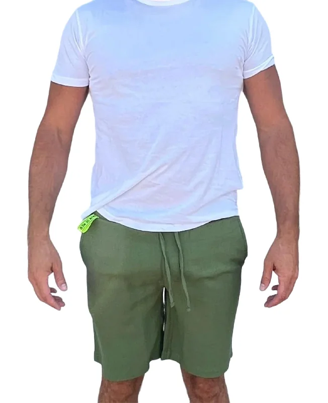 Casual Linen Shorts In Military Green